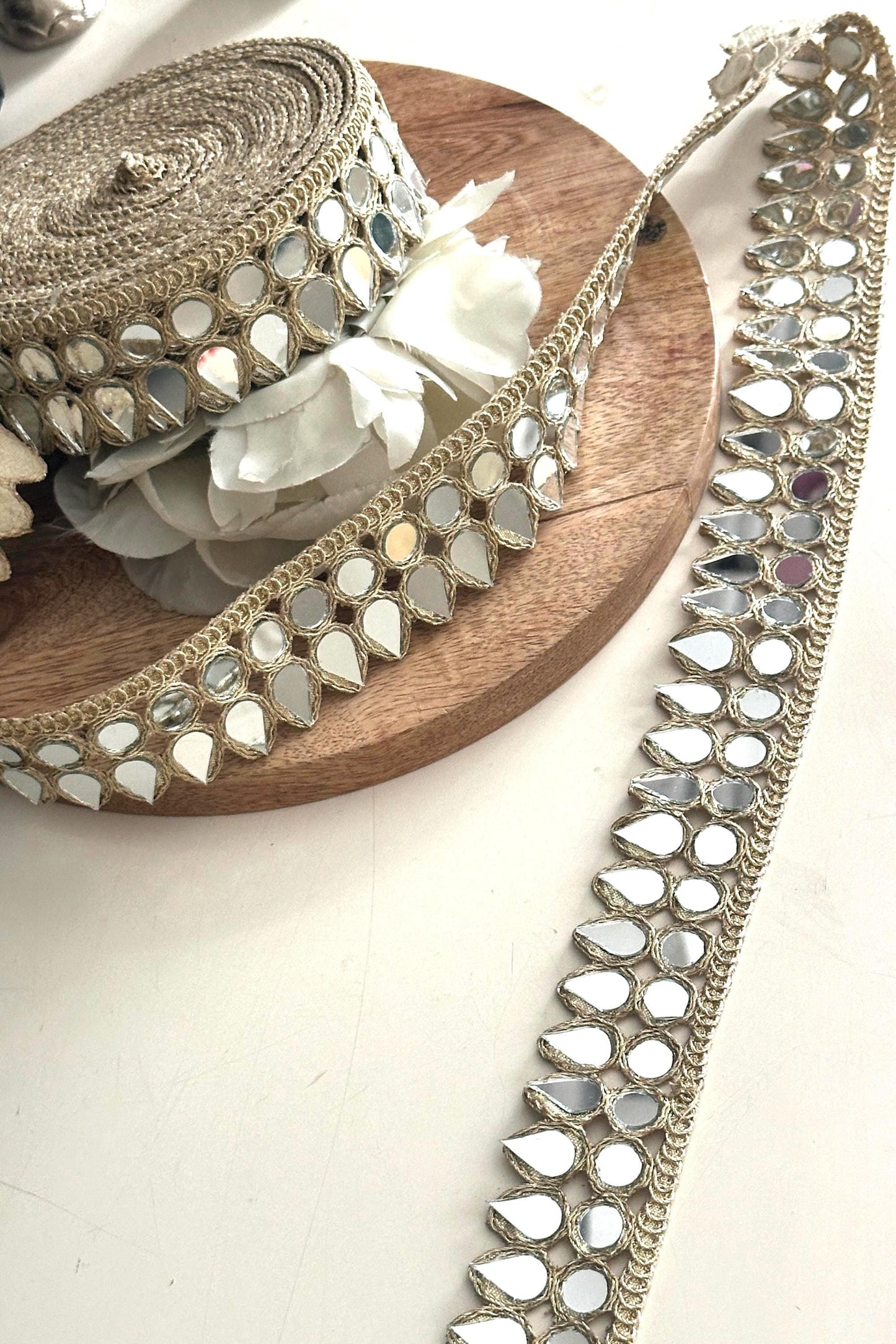 Gold Teardrop Mirror Lace Trim Handmade Mirror Work