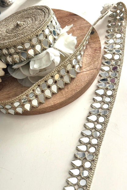 Gold Teardrop Mirror Lace Trim Handmade Mirror Work