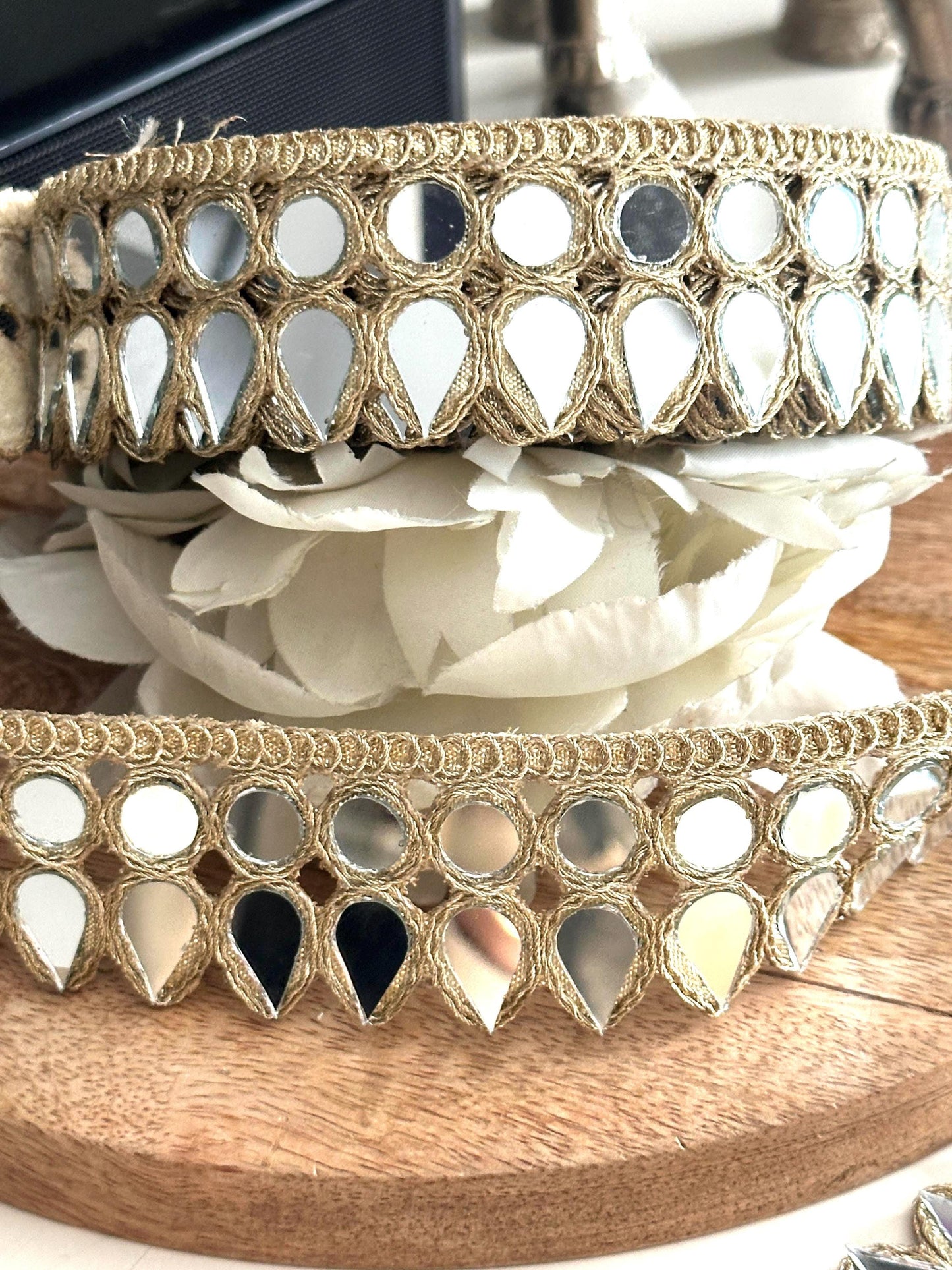 Gold Teardrop Mirror Lace Trim Handmade Mirror Work