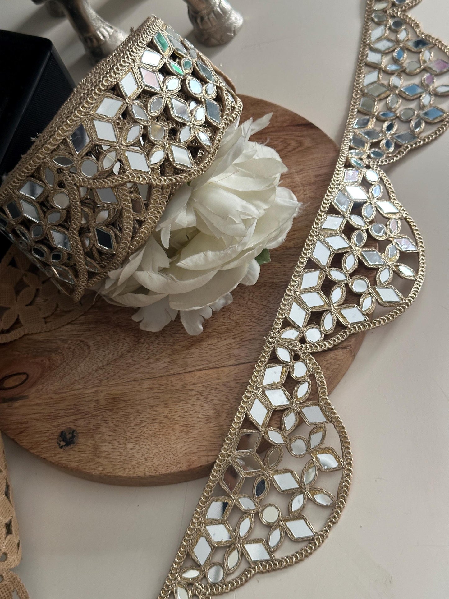 Handmade Mirror Belt Lace Gold Fabric Trim for Waist Belts