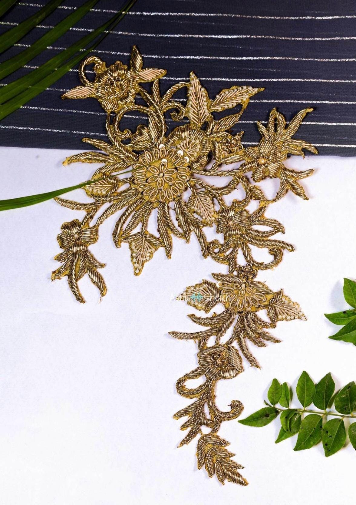 Gold Hand Embroidered Floral Applique
