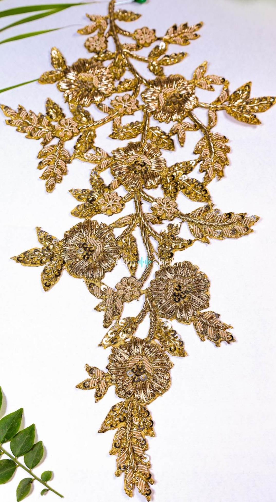 Gold Floral Hand Embroidered Applique Patch
