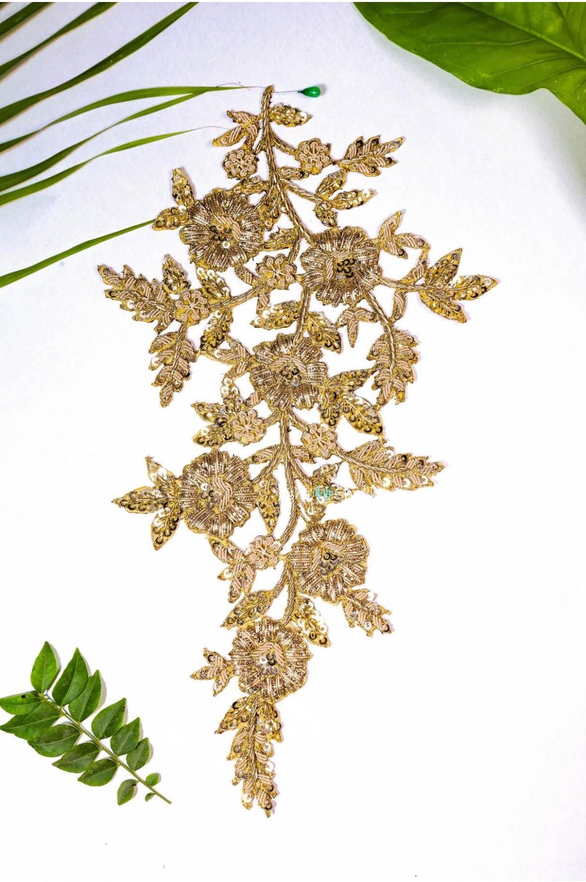 Gold Floral Hand Embroidered Applique Patch