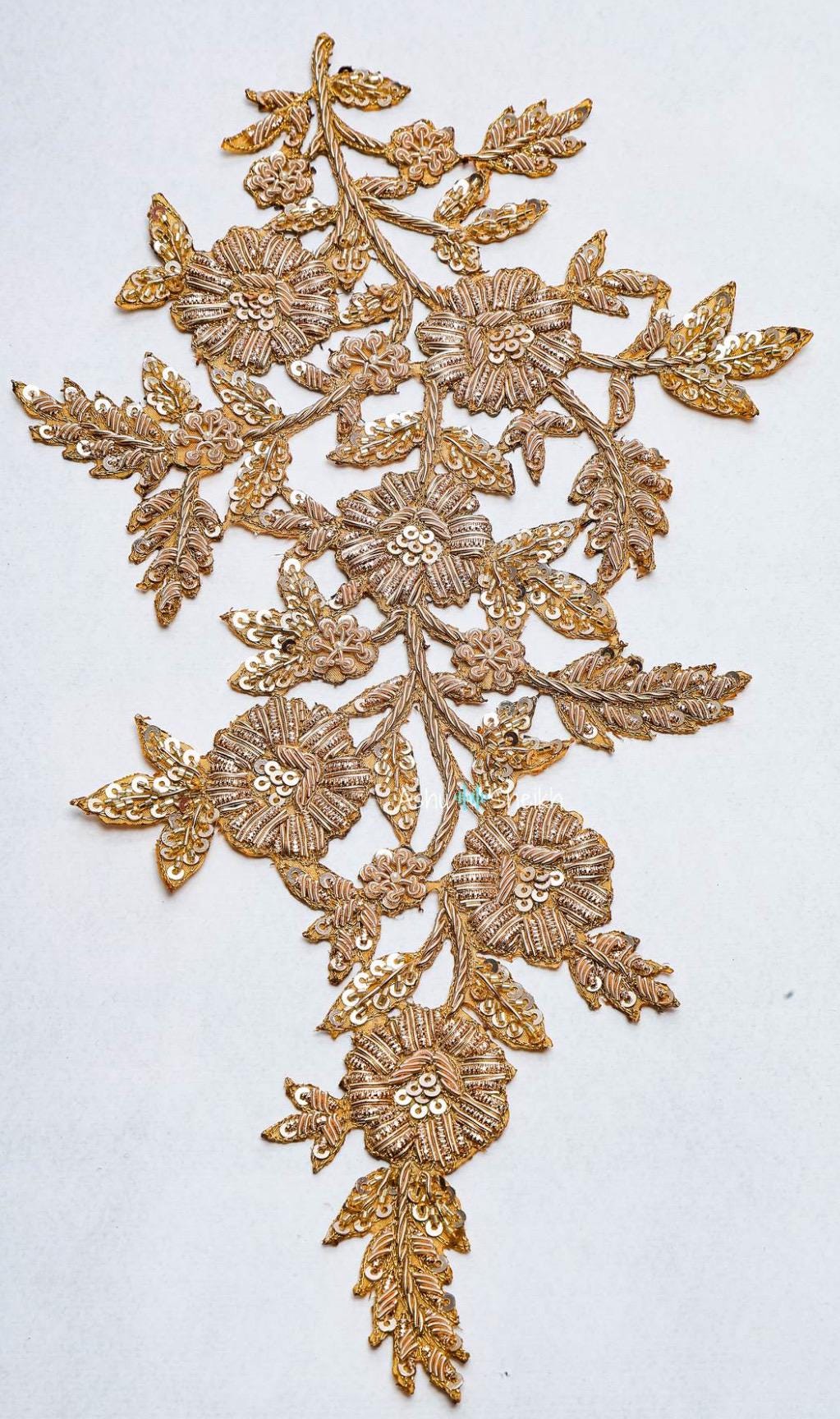 Gold Floral Hand Embroidered Applique Patch