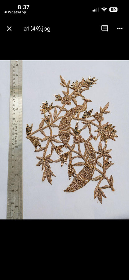 Handmade Peacock Applique Patch in Antique Gold
