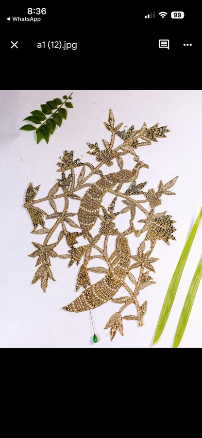 Handmade Peacock Applique Patch in Antique Gold