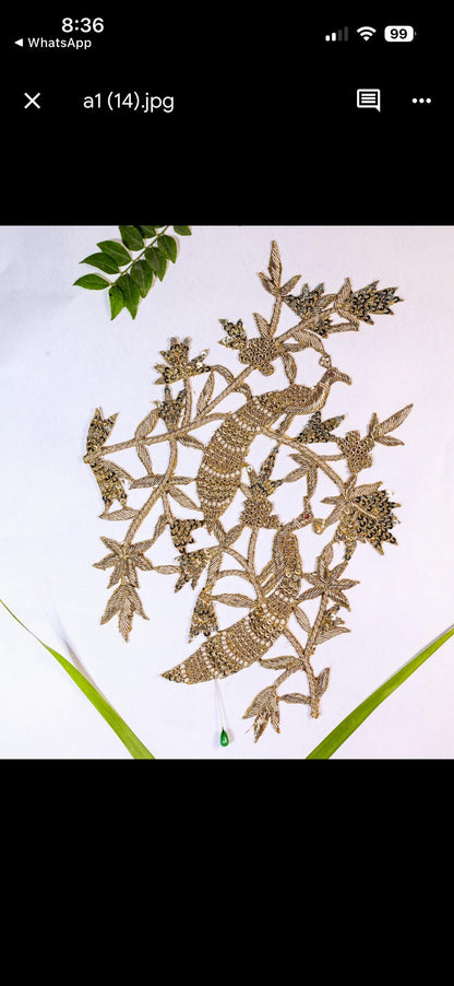 Handmade Peacock Applique Patch in Antique Gold