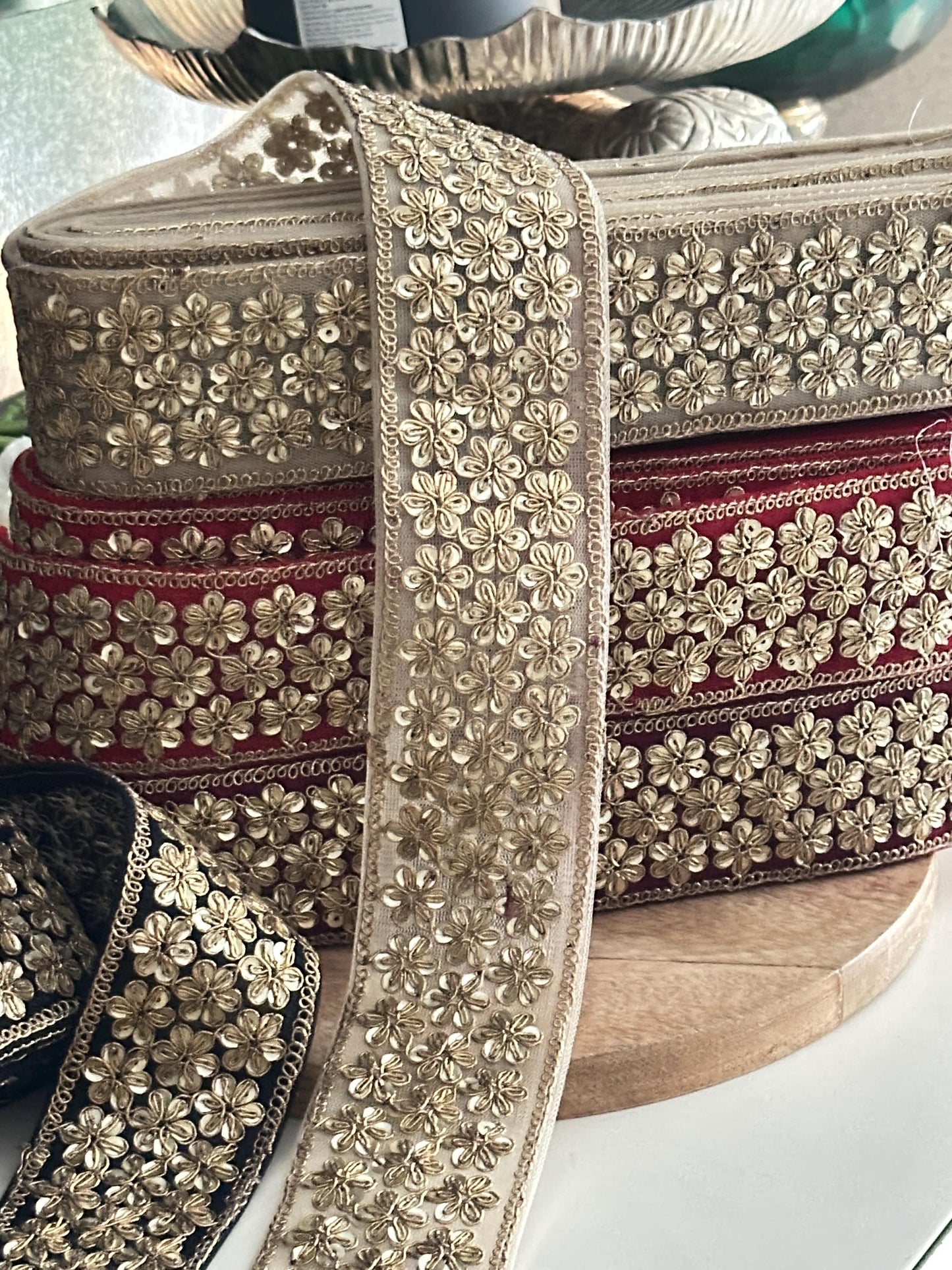 Hand Embroidered Gold Floral Gota Lace Ribbon for Lehenga Saree