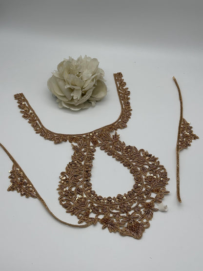 Gold Zardozi Neckline Applique Patch for Bridal Blouse Hand Embroidered