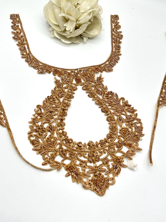 Gold Zardozi Neckline Applique Patch for Bridal Blouse Hand Embroidered