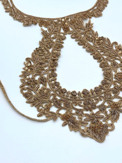 Gold Zardozi Neckline Applique Patch for Bridal Blouse Hand Embroidered