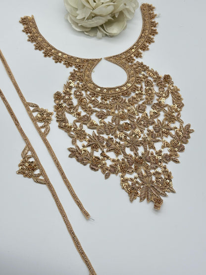 Heavy Gold Zardozi Bridal Neckline Applique Set with Side Borders