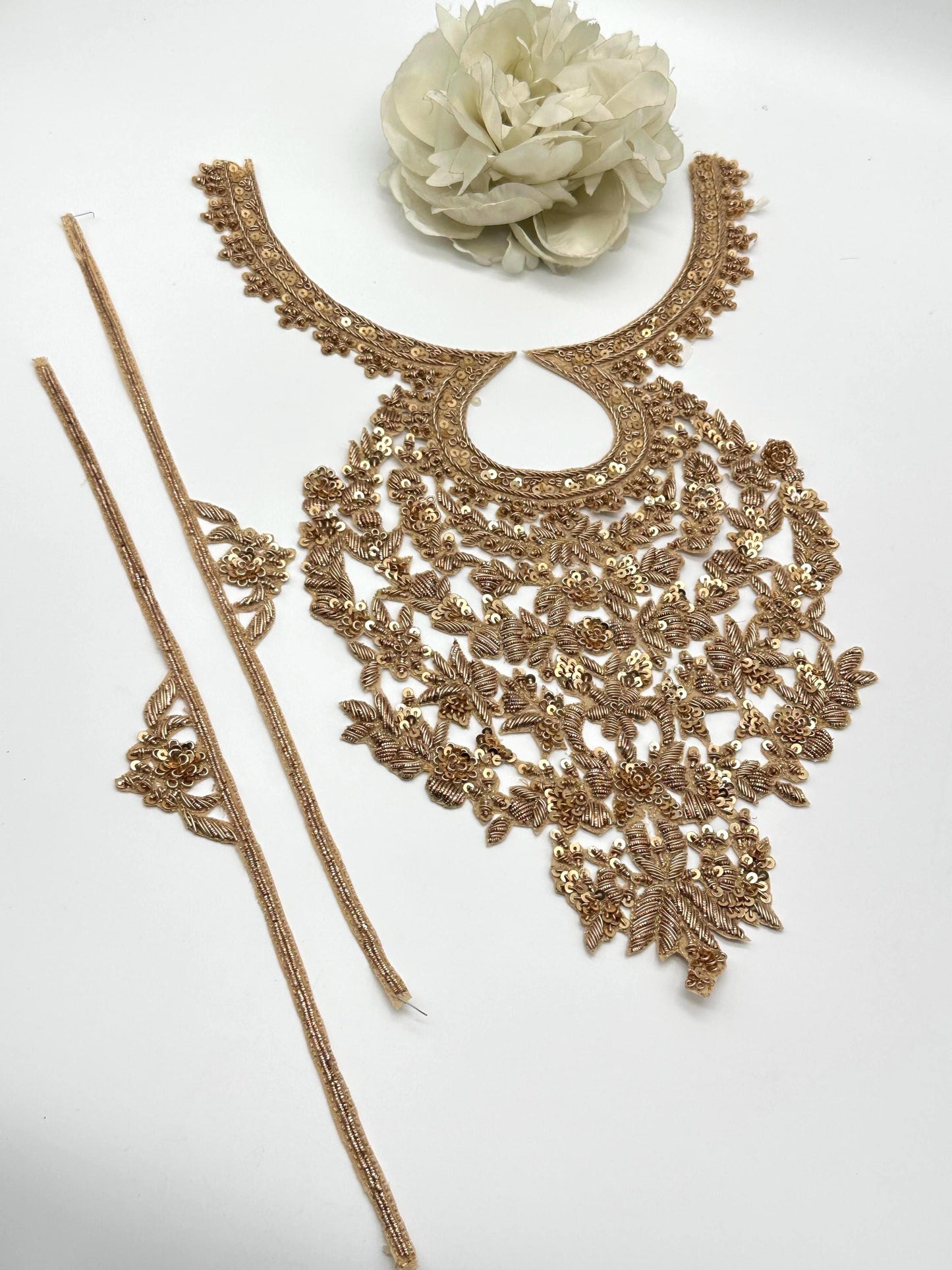 Heavy Gold Zardozi Bridal Neckline Applique Set with Side Borders