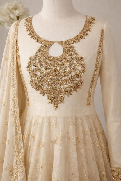 Heavy Gold Zardozi Bridal Neckline Applique Set with Side Borders