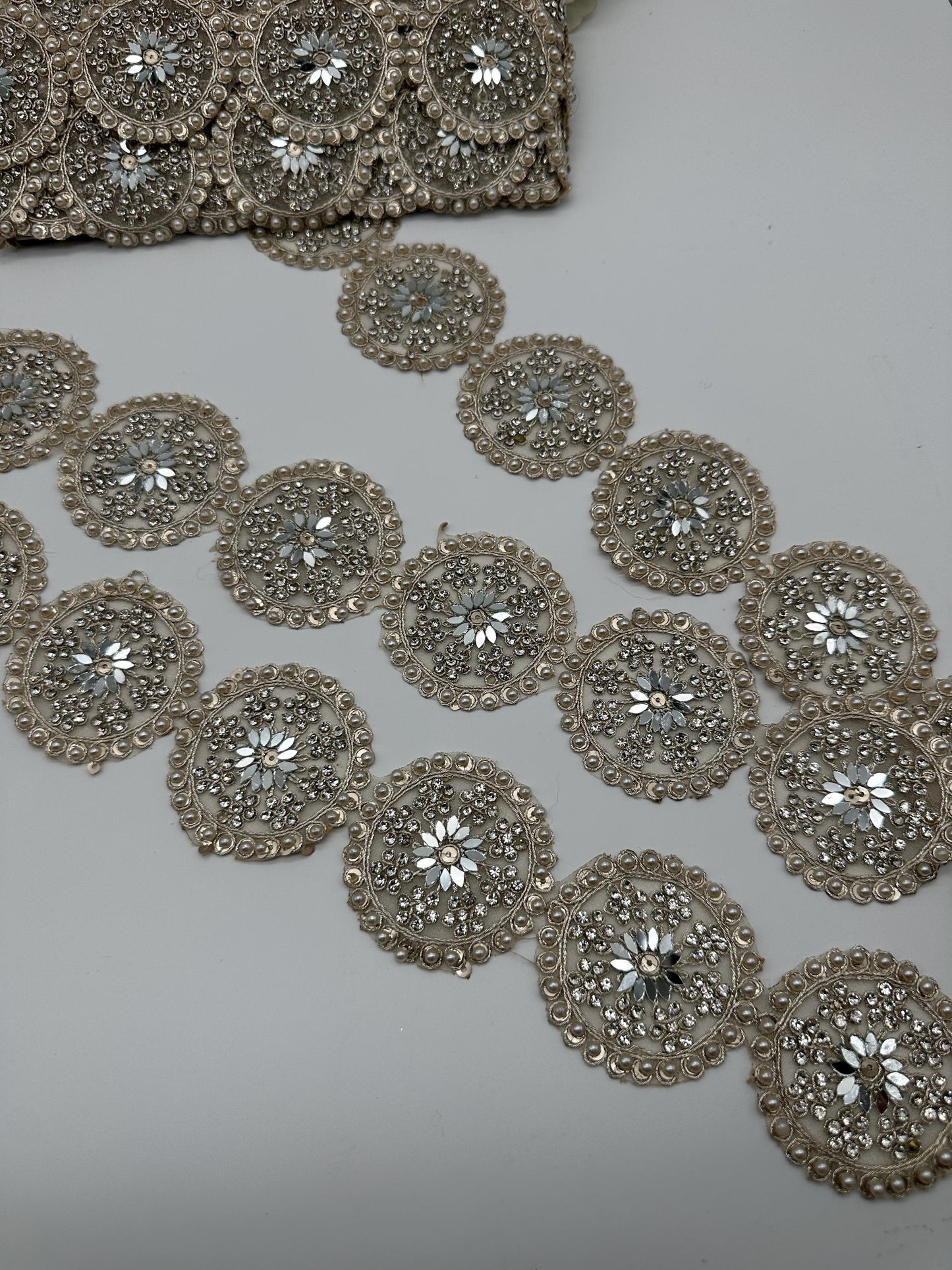 Silver Mirror Work Circular Embellished Trim by Yard