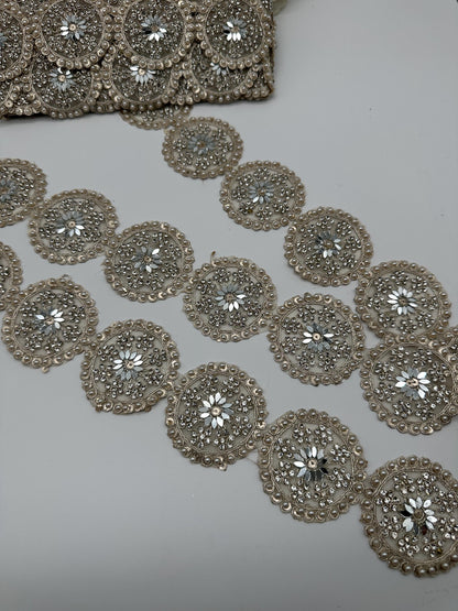 Silver Mirror Work Circular Embellished Trim by Yard