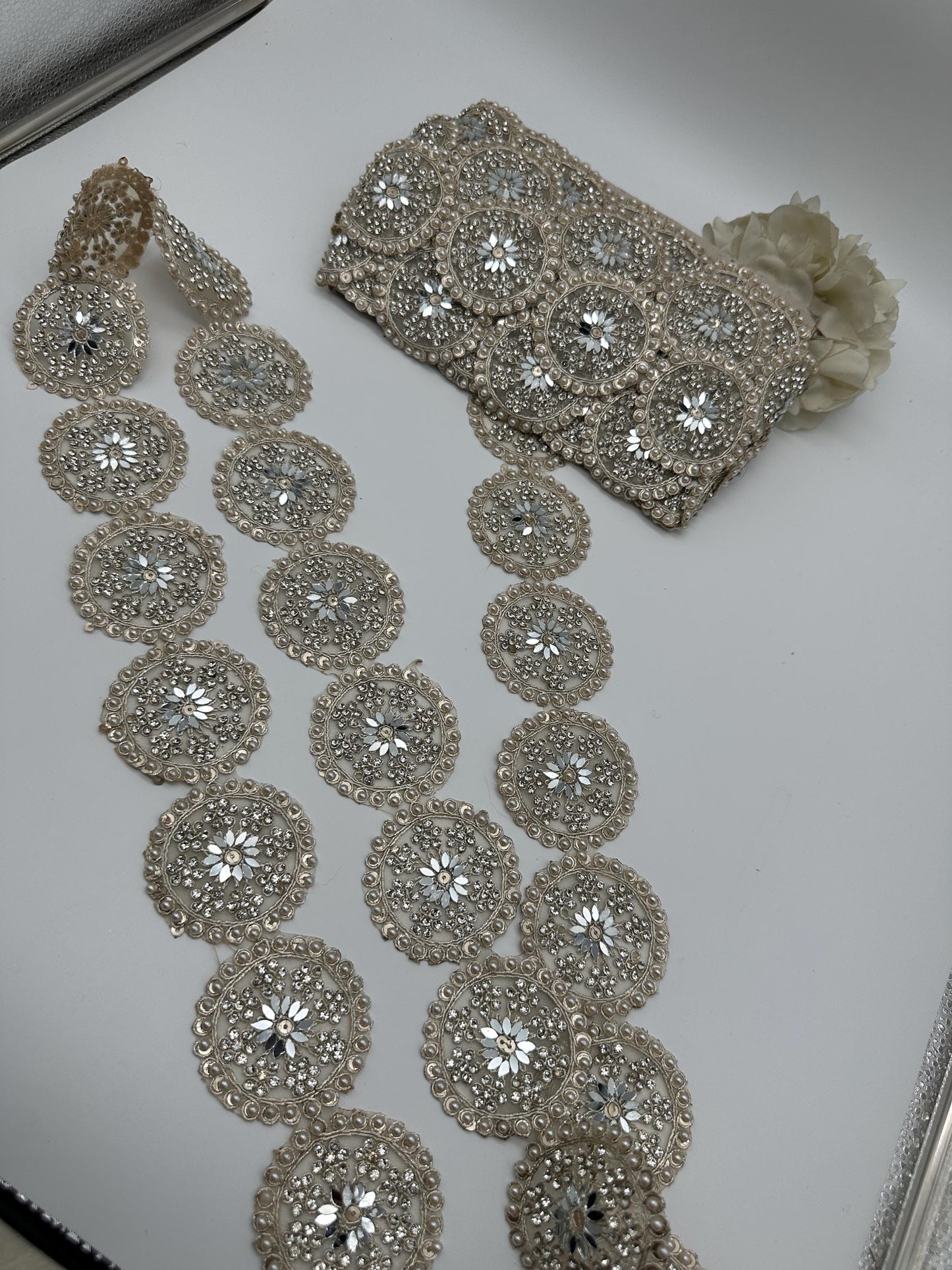 Silver Mirror Work Circular Embellished Trim by Yard