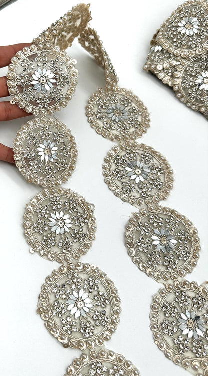 Silver Mirror Work Circular Embellished Trim by Yard