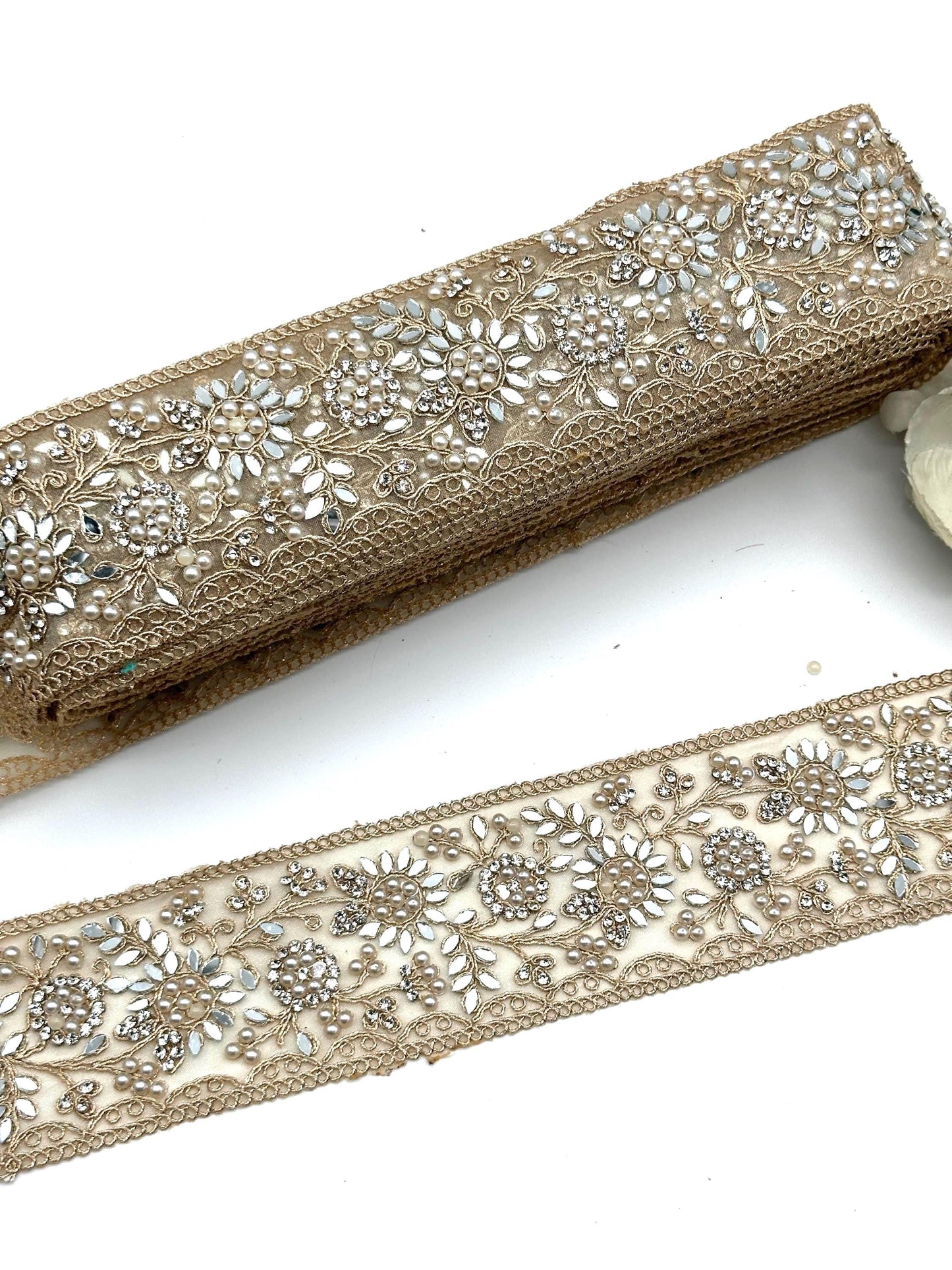 Pearl Mirror Floral Embroidered Trim Champagne Gold Bridal Lace