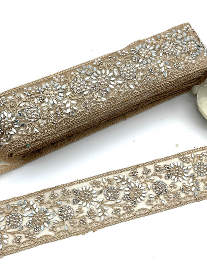 Pearl Mirror Floral Embroidered Trim Champagne Gold Bridal Lace