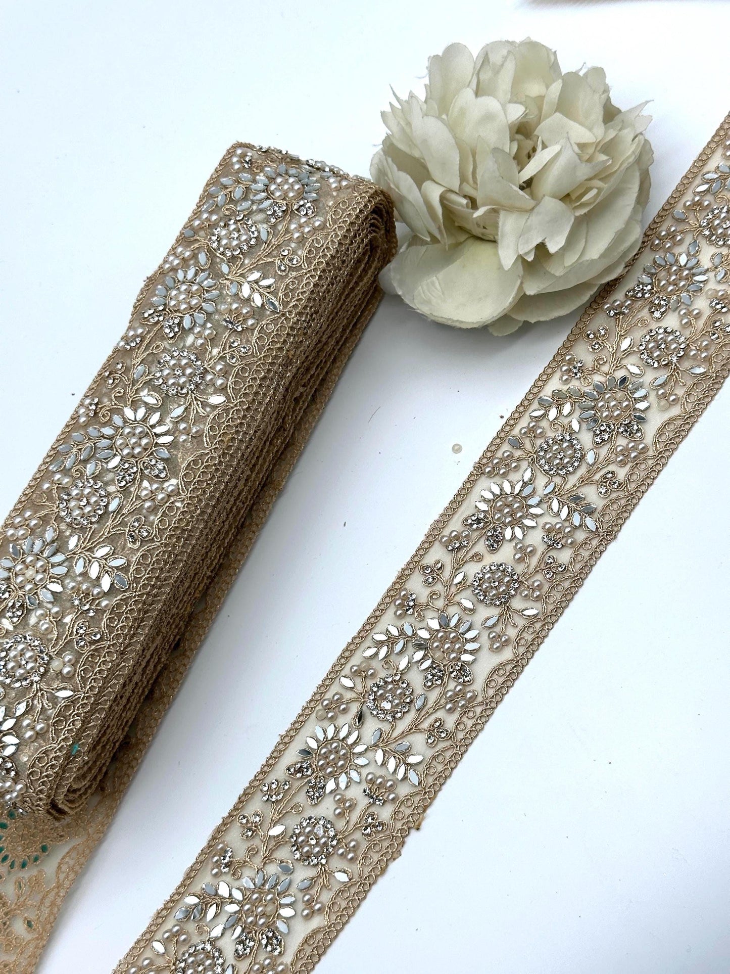 Pearl Mirror Floral Embroidered Trim Champagne Gold Bridal Lace