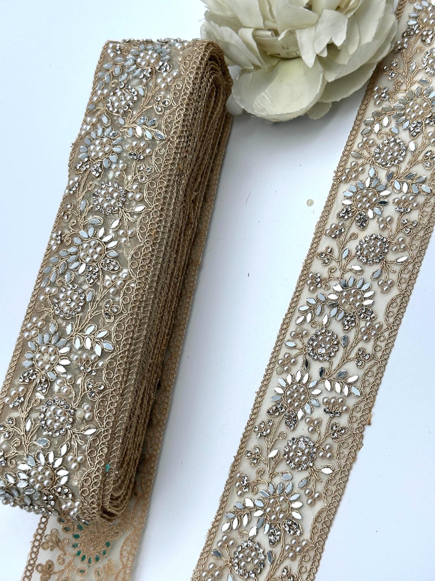 Pearl Mirror Floral Embroidered Trim Champagne Gold Bridal Lace