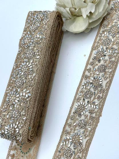 Pearl Mirror Floral Embroidered Trim Champagne Gold Bridal Lace