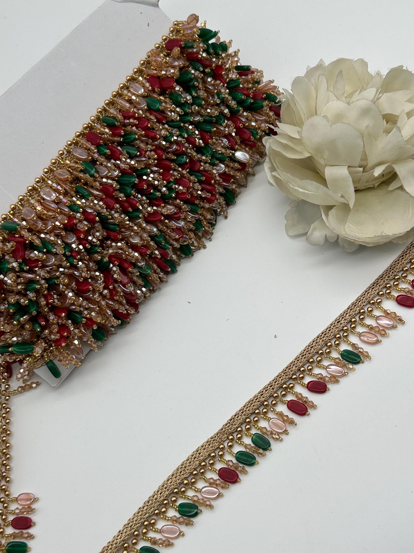 Handmade Bridal Tassel Lace Jeweled Red Green and Gold