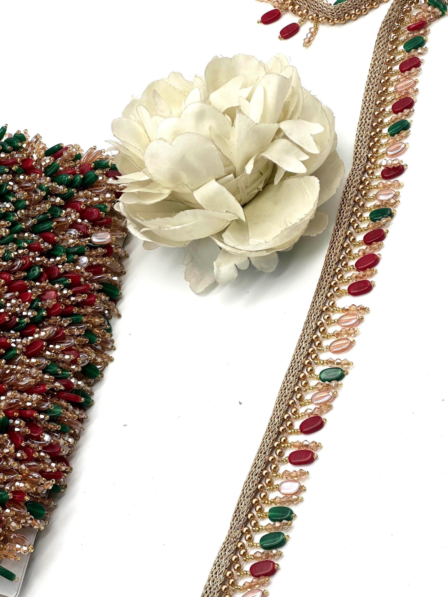 Handmade Bridal Tassel Lace Jeweled Red Green and Gold
