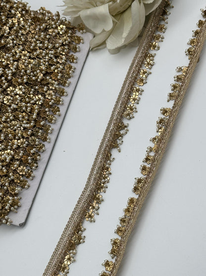 Luxury Gold Metal Beaded Pearl Trim Bridal Wear Veil Edging Handcrafted Metal Tassel