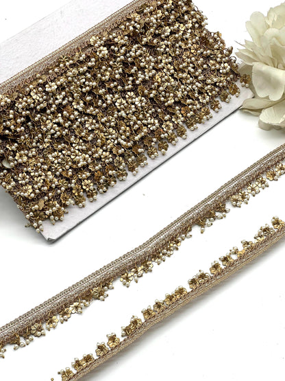Luxury Gold Metal Beaded Pearl Trim Bridal Wear Veil Edging Handcrafted Metal Tassel