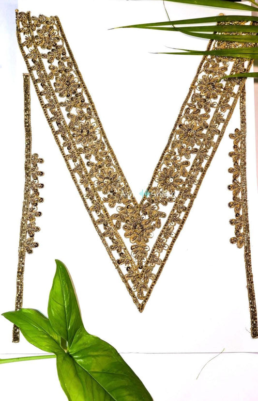 Hand Embroidered Gold Neck Applique Patch Work