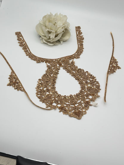 Gold Zardozi Neckline Applique Patch for Bridal Blouse Hand Embroidered