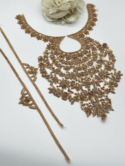 Heavy Gold Zardozi Bridal Neckline Applique Set with Side Borders