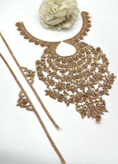 Heavy Gold Zardozi Bridal Neckline Applique Set with Side Borders