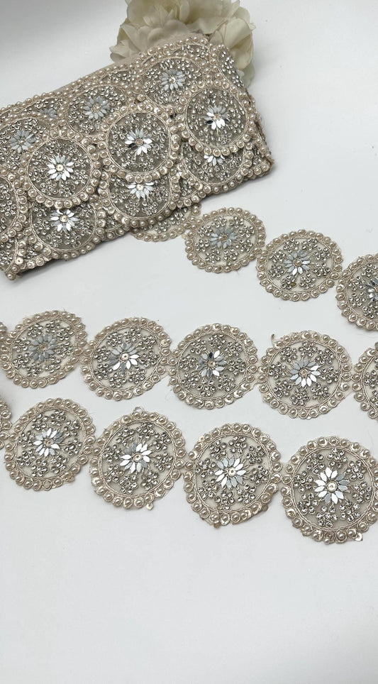 Silver Mirror Work Circular Embellished Trim by Yard