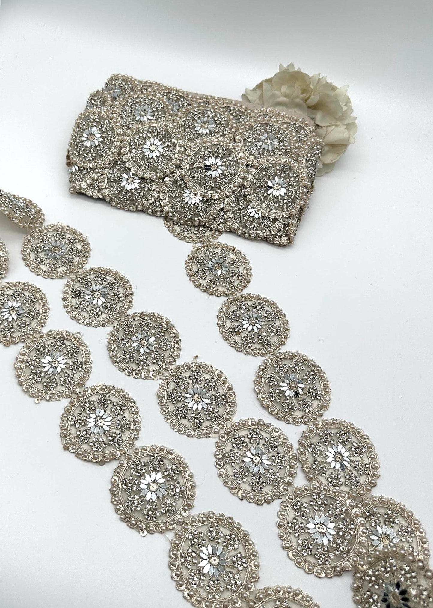 Silver Mirror Work Circular Embellished Trim by Yard