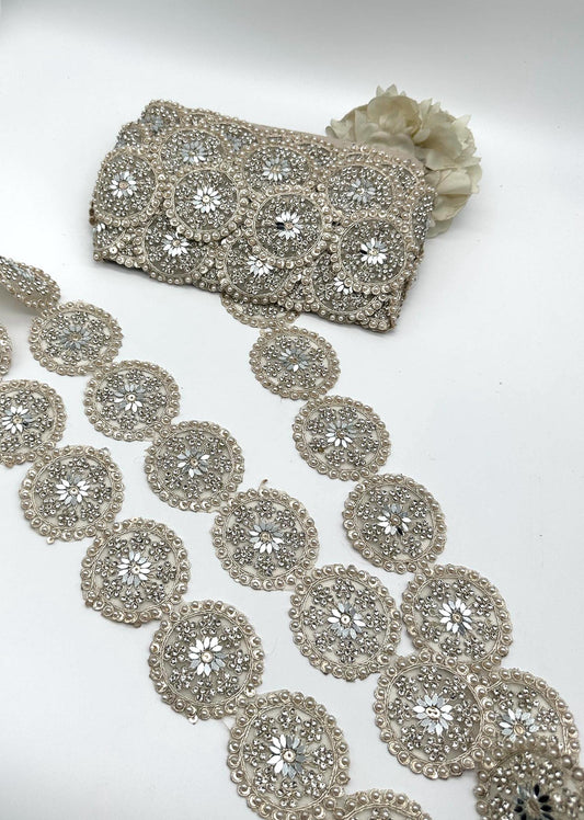 Silver Mirror Work Circular Embellished Trim by Yard