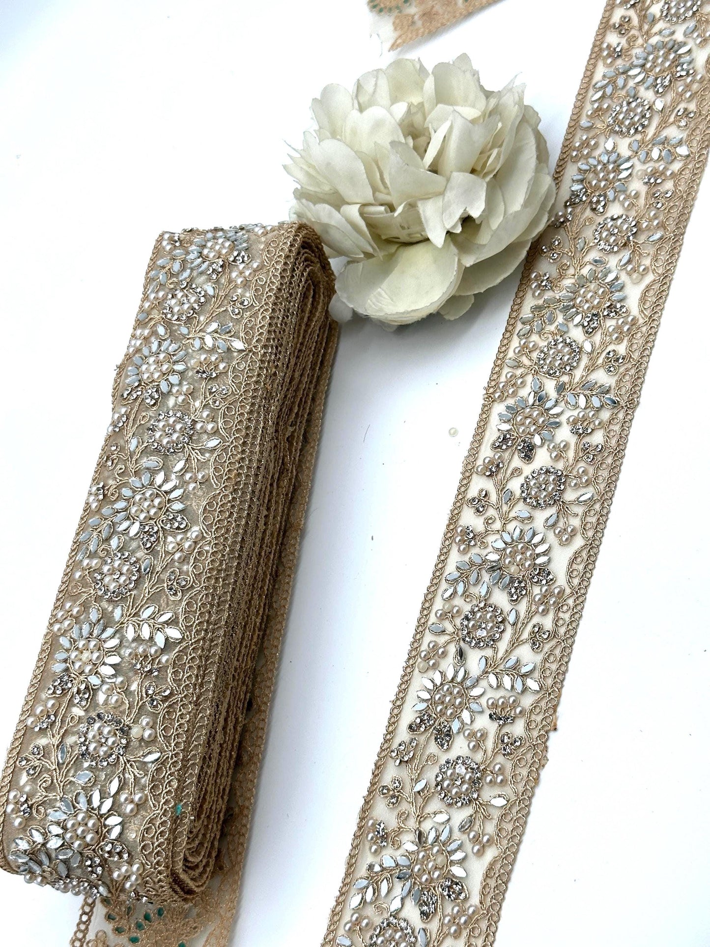 Pearl Mirror Floral Embroidered Trim Champagne Gold Bridal Lace