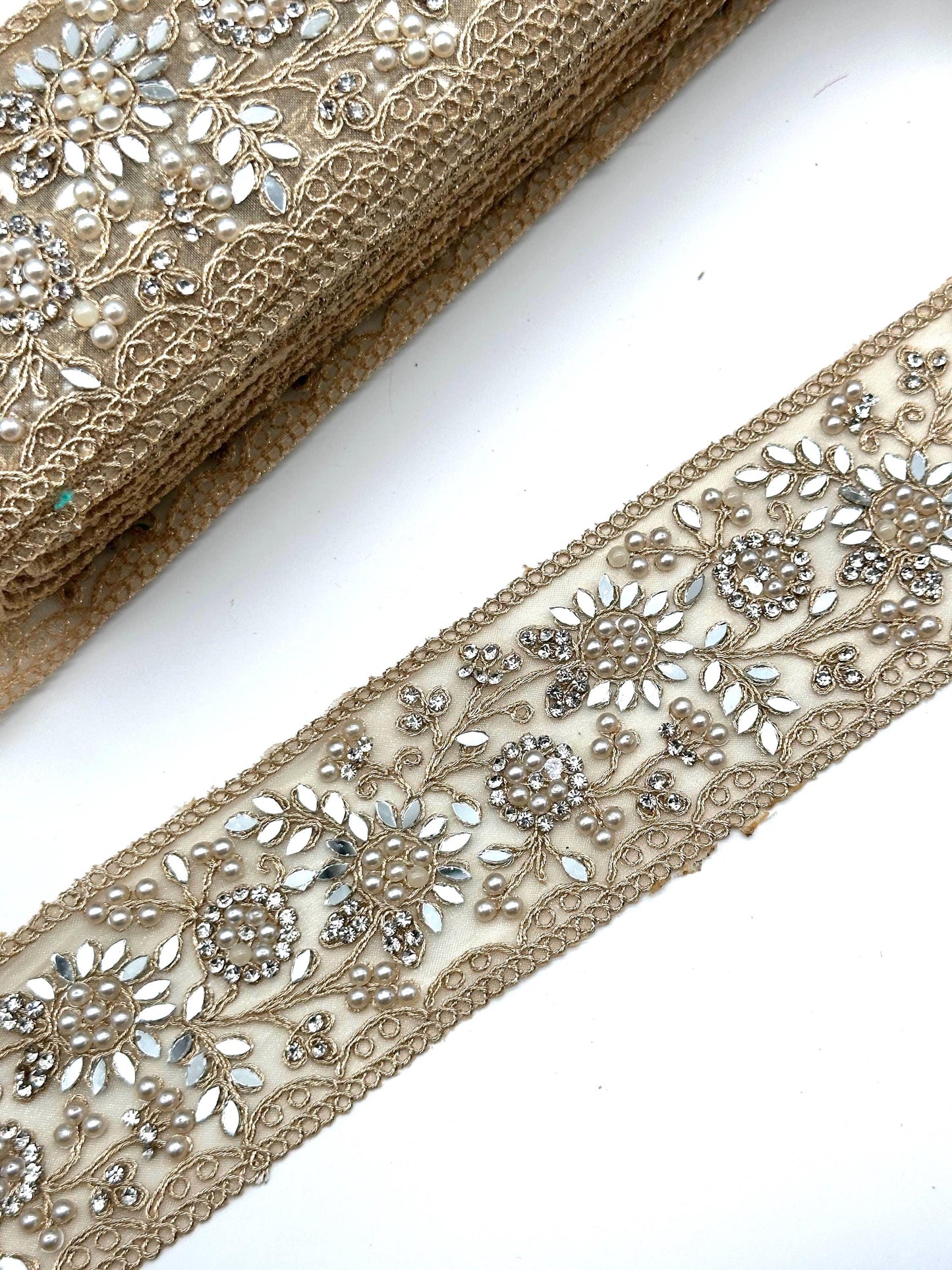 Pearl Mirror Floral Embroidered Trim Champagne Gold Bridal Lace