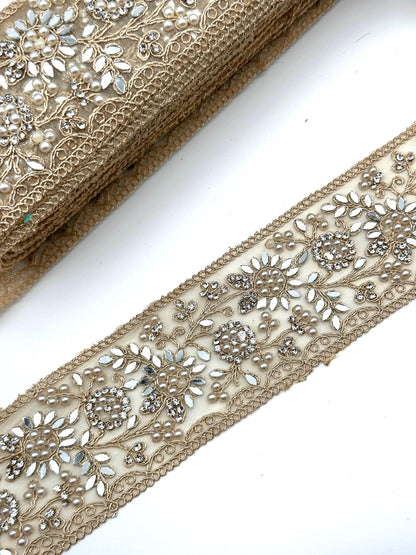Pearl Mirror Floral Embroidered Trim Champagne Gold Bridal Lace