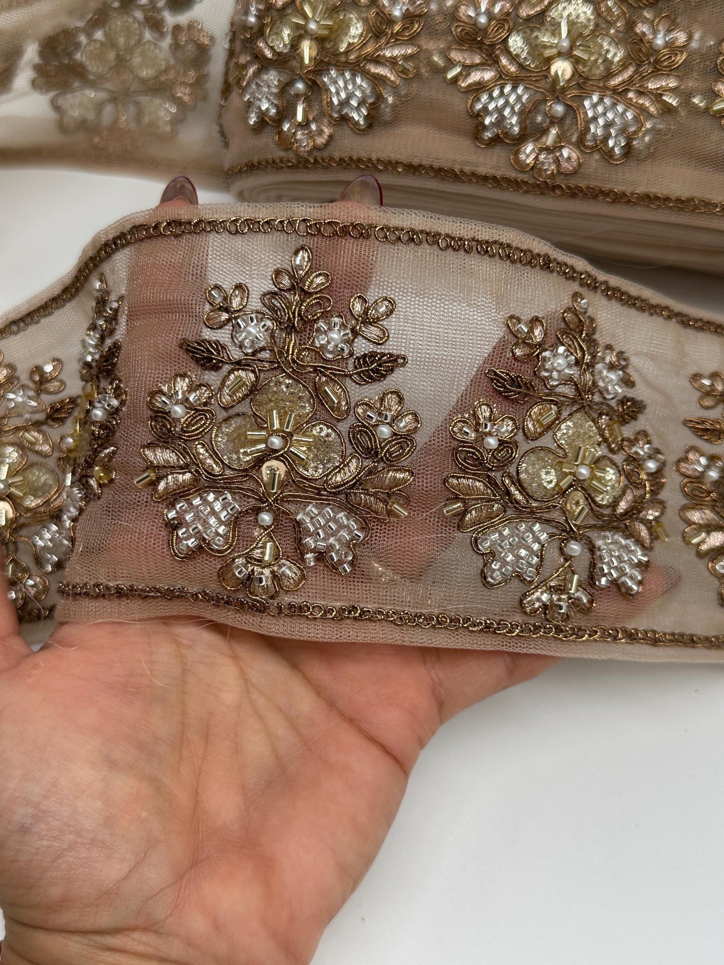 Hand Embroidered Gold Beaded Lace Trim