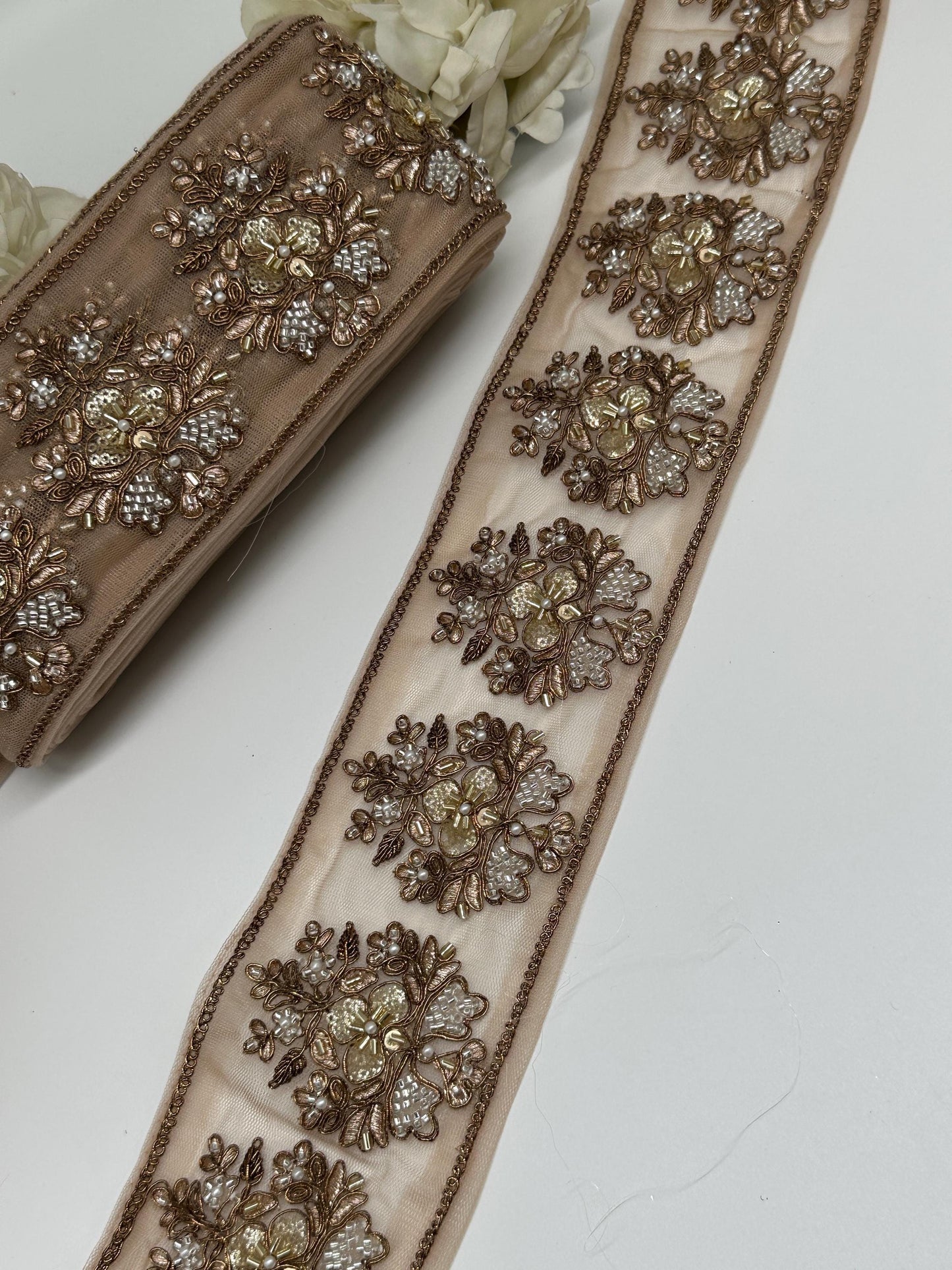 Hand Embroidered Gold Beaded Lace Trim