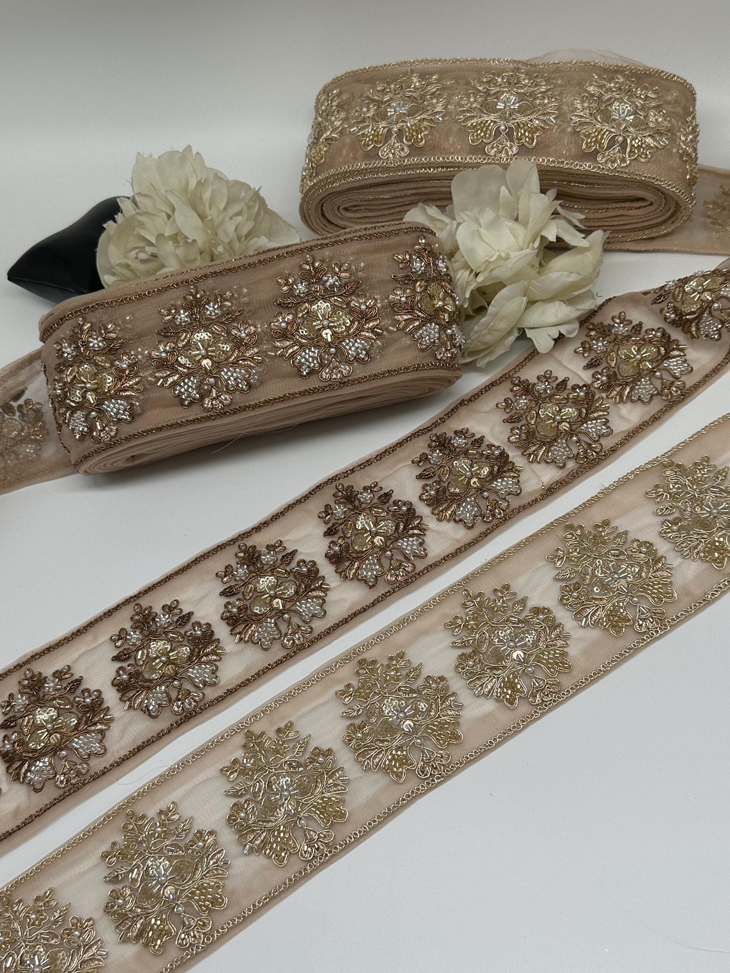Hand Embroidered Gold Beaded Lace Trim