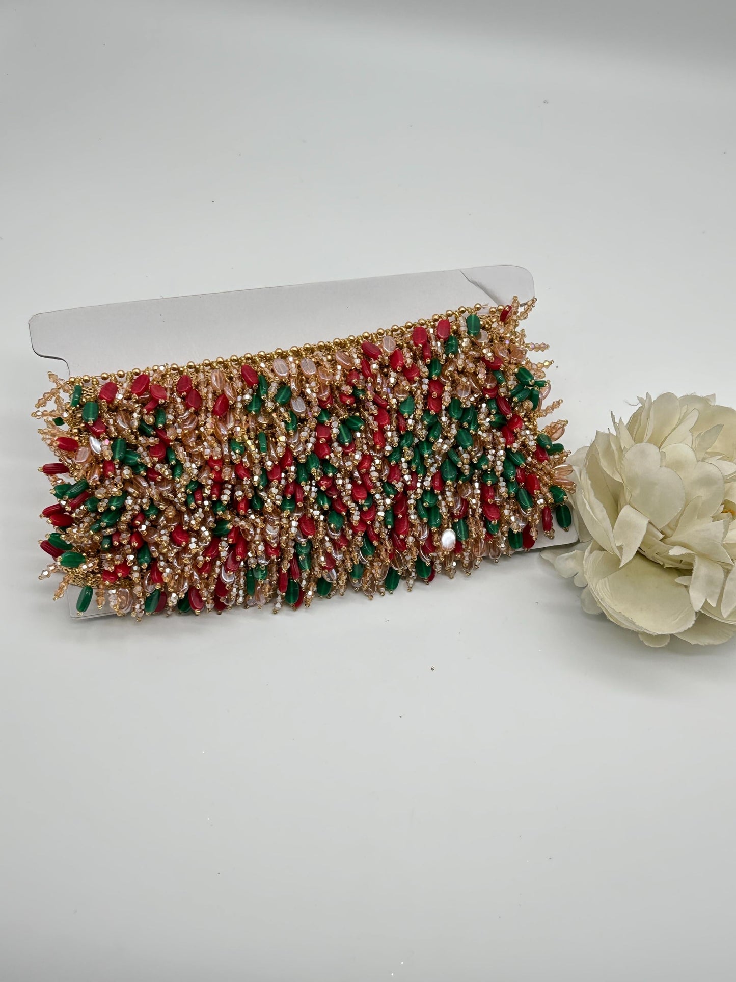 Handmade Bridal Tassel Lace Jeweled Red Green and Gold