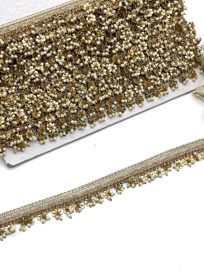 Luxury Gold Metal Beaded Pearl Trim Bridal Wear Veil Edging Handcrafted Metal Tassel