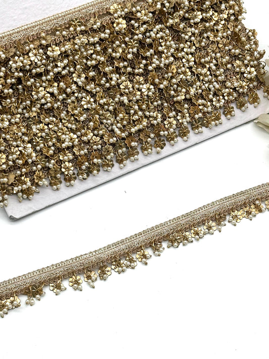 Luxury Gold Metal Beaded Pearl Trim Bridal Wear Veil Edging Handcrafted Metal Tassel