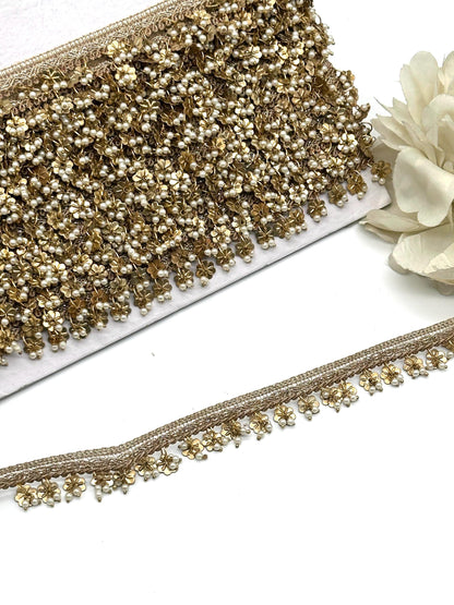 Luxury Gold Metal Beaded Pearl Trim Bridal Wear Veil Edging Handcrafted Metal Tassel