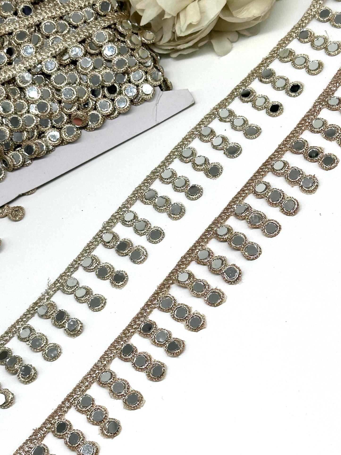 Hand Embroidered Gold Real Mirror Work Lace Trim