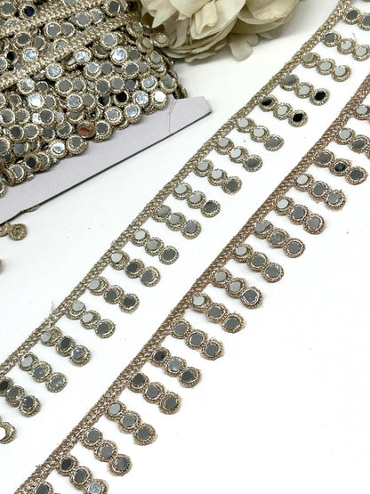 Hand Embroidered Gold Real Mirror Work Lace Trim